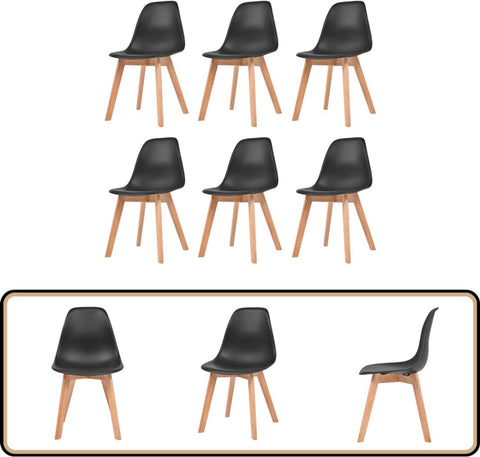 Eetkamerstoelen - Kunststof Zwart - 6 Stuks Eetkamerstoelen - Zwarte Stoelen - Plastic Stoelen - Hout Poten - Comfortabele Stoelen - Zwart