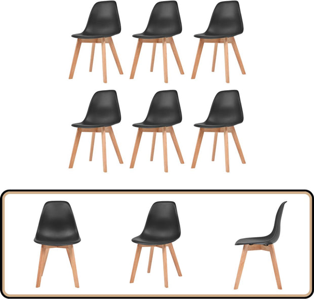 Eetkamerstoelen - Kunststof Zwart - 6 Stuks Eetkamerstoelen - Zwarte Stoelen - Plastic Stoelen - Hout Poten - Comfortabele Stoelen - Zwart