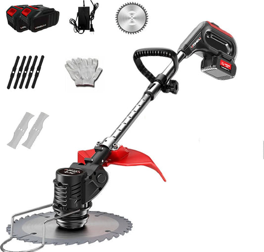 Cordless lawn mower - 2 x battery - Electric - Professional - Lawn mower - Red - Adjustable cutter - Cordless - Lawn mower - Garden - 100-135cm - Saw blade - Cutting blade - Grass trimmer