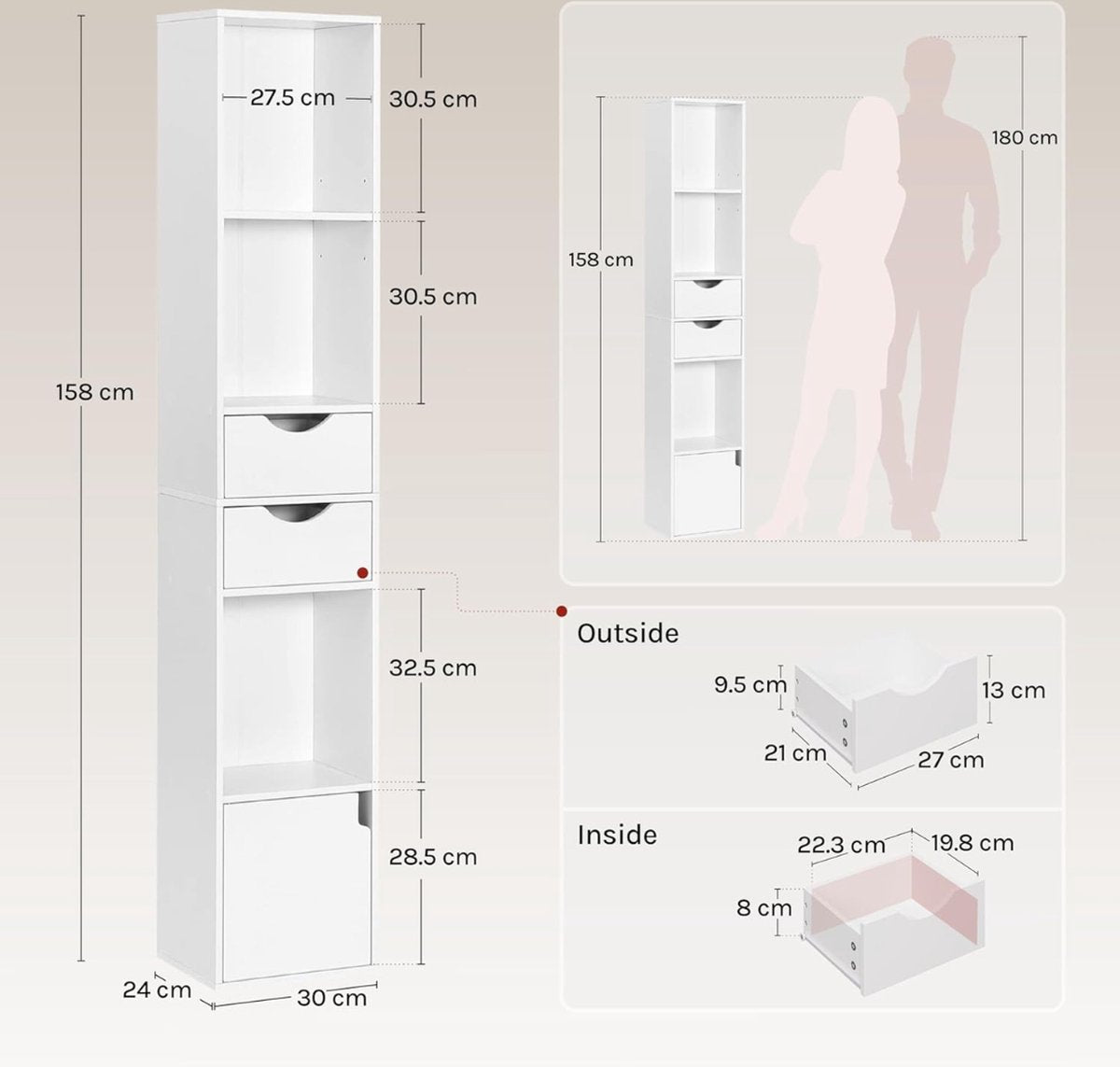 Witte boekenkast met opbergruimte – smalle plank met 3 open compartimenten, 2 lades en 1 deur – 30x158x24cm
