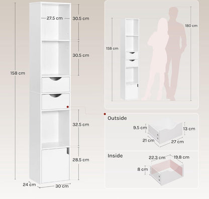 Witte boekenkast met opbergruimte – smalle plank met 3 open compartimenten, 2 lades en 1 deur – 30x158x24cm
