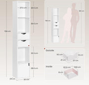 Witte boekenkast met opbergruimte – smalle plank met 3 open compartimenten, 2 lades en 1 deur – 30x158x24cm