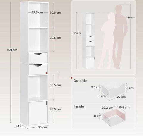 Witte boekenkast met opbergruimte – smalle plank met 3 open compartimenten, 2 lades en 1 deur – 30x158x24cm