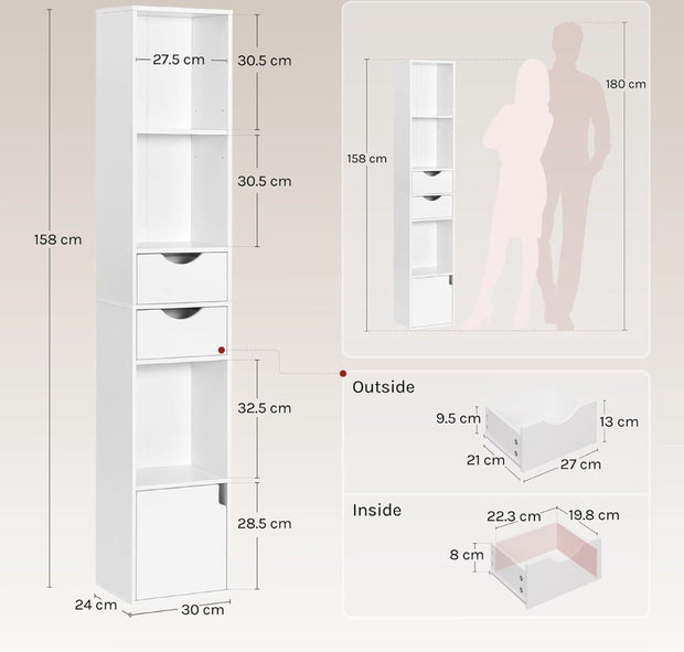 Witte boekenkast met opbergruimte – smalle plank met 3 open compartimenten, 2 lades en 1 deur – 30x158x24cm