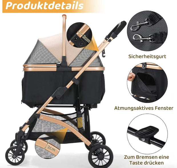 Hondenbuggy - Luxe huisdieren buggy - Buggy - Hondenwagen - Honden en katten - Opvouwbaar - Met opbergruimte - Zilver/Zwart