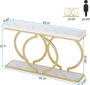 Consoletafel - Sidetable - met O-vormige Gouden Metalen Poten - Haltafel - Wandtafel - 140x30x80 cm - Goud en Wit - Metaal en Hout - Modern - Console Tafel