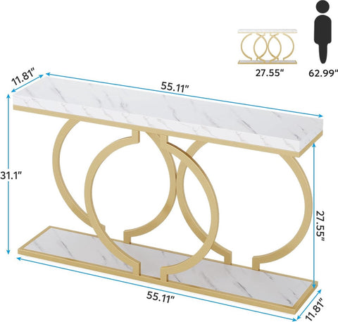 Consoletafel - Sidetable - met O-vormige Gouden Metalen Poten - Haltafel - Wandtafel - 140x30x80 cm - Goud en Wit - Metaal en Hout - Modern - Console Tafel
