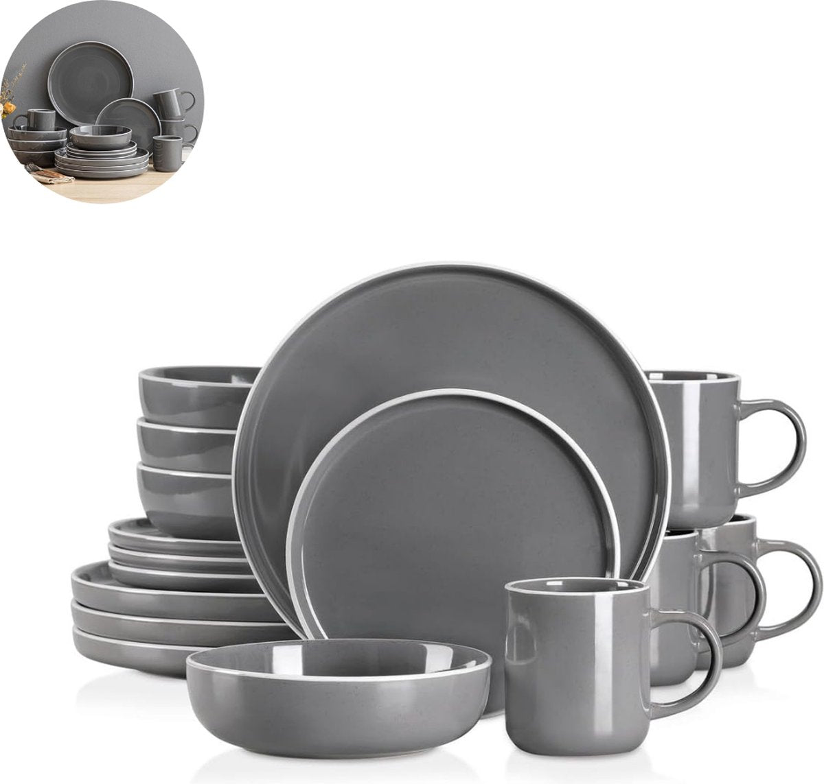 Luxe Serviesset – 16 delig – 4 persoons – Porselein - Bordenset – Dinner platen – Dessertborden - Kommen - Mokken - Grijs