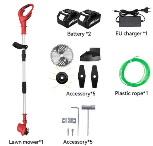 Grastrimmer - Elektrische Grastrimmer - Grasmaaier - Met Handvat - Met Beveiliging - In Lengte Verstelbaar - Inclusief: 2x Accu, 1x Oplader, Accessoires - 36000R/pm -