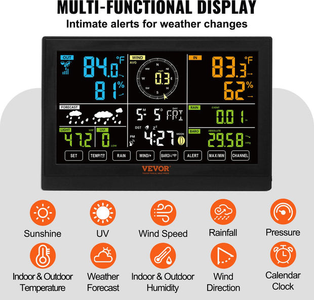 Weerstation - Draadloos - 7-in-1 Weerstation Met Buitensensor - 7,5" - Kleurendisplay - RCC Atoomklok - Wit