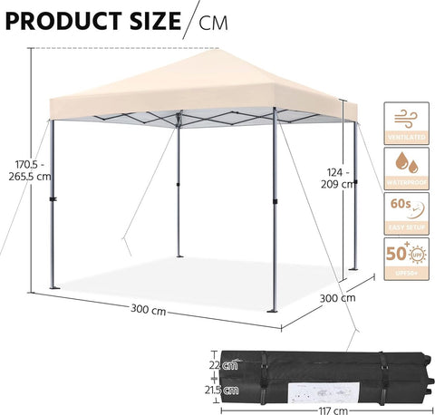 Pop-up tuinpaviljoen - 3x3m - met UV-bescherming en verstelbare hoogte - Waterdicht - Gemakkelijk te verplaatsen - Beige