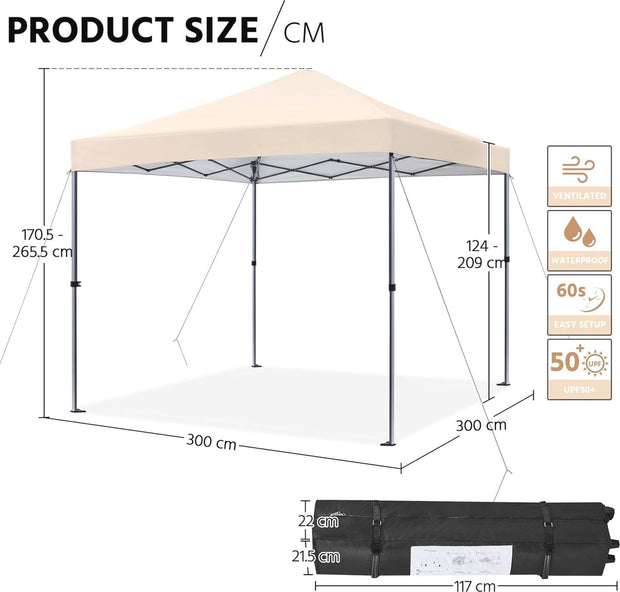 Pop-up tuinpaviljoen - 3x3m - met UV-bescherming en verstelbare hoogte - Waterdicht - Gemakkelijk te verplaatsen - Beige