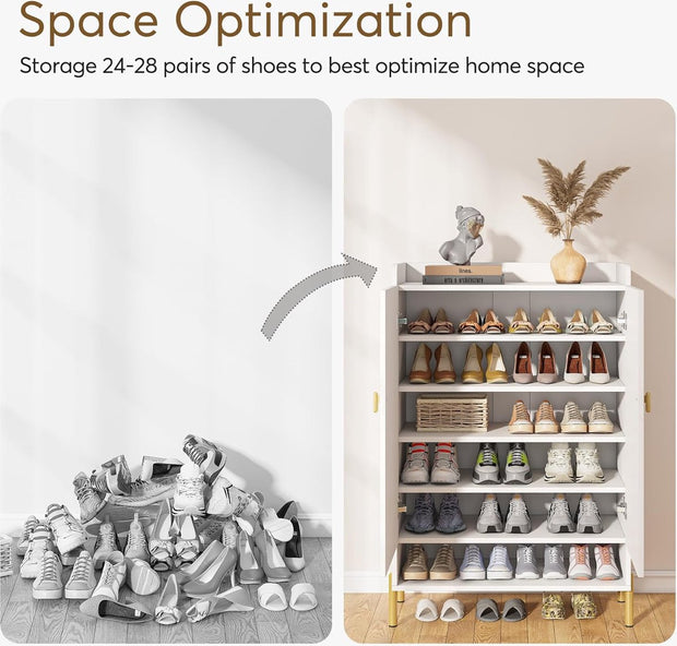 Praktisch Schoenenrek - Schoenenrek met 6 Niveaus - Schoenenkast - Schoenenrek Metaal Modern - Metaal - 75 x 37 x 111 cm - Wit