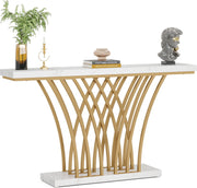 Console Tafel – Bijzettafel – Sidetable Modern - met Metalen Basis in Roostervorm – Metalen Frame – Wit Goud – 150 x 30 x 80 cm