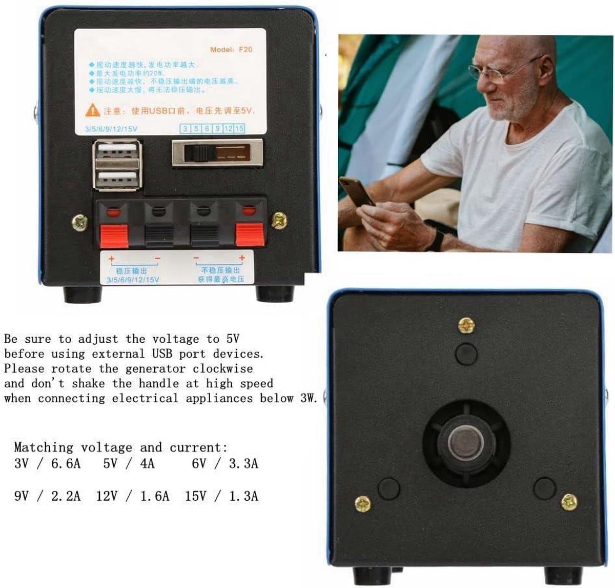 2000 RPM Crank Generator - Portable Hand Crank Generator - USB Rechargeable - Survival Training Supplies