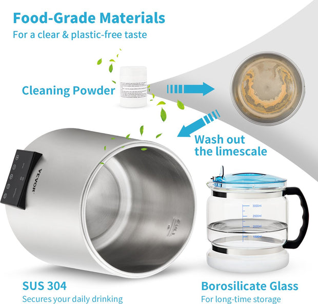 Water Distilleerder-1.5 L/uur - 4L Destilleerketel-Roestvrij Staal - 1750W Destilleerapparaat met Dubbele Temperatuurweergave - Reinigingspoeder voor Glazen Karaf 3 Carbon Packs