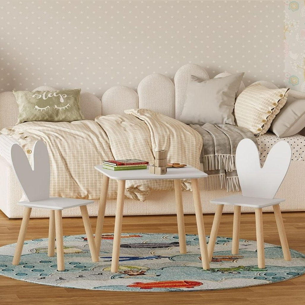 Kindertafelset met stoelen - Activiteitentafel voor kinderen - Creatieve speelset - Veilig en duurzaam - Met rugleuningen in de vorm van konijnenoren - Ideaal voor kinderkamers en babykamers - Witte tafel en 2 stoelenset - Konijnentafelset