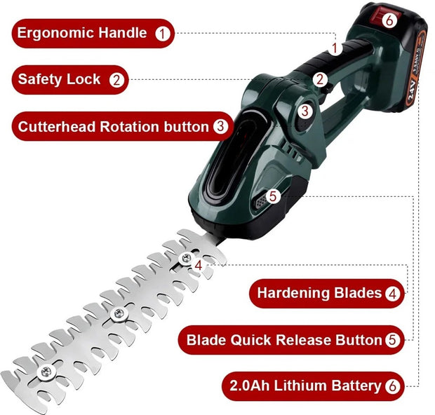 Heggenschaar - Heggentrimmer - Snoeischaar - Elektrische Heggenschaar - Accu Heggenschaar - 2 in 1 - Struikschaarblad - Grasschaarblad - Verwisselbare Messen - Tuingereedschap - Krachtig - Langdurige Accu - 2 Accu's - Accu Oplader