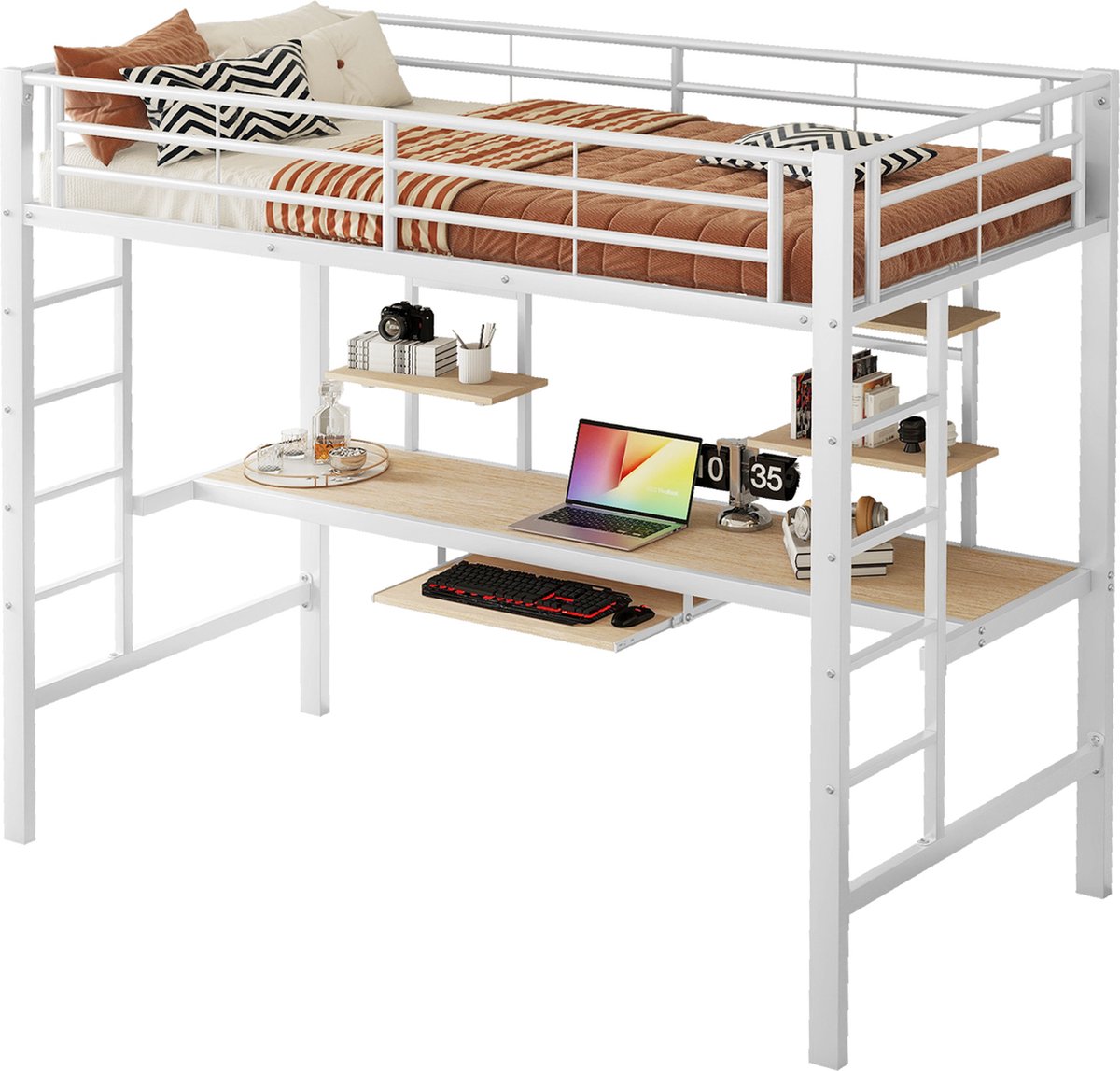 Kinderbed - Zonder matras - Zonder stoel - Metalen Bedframe met Bureau en Twee Boekenplanken - Geschikt voor Kinderen - Tieners en Volwassenen - 90x200 cm - Zwart