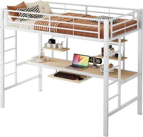 Kinderbed - Zonder matras - Zonder stoel - Metalen Bedframe met Bureau en Twee Boekenplanken - Geschikt voor Kinderen - Tieners en Volwassenen - 90x200 cm - Zwart
