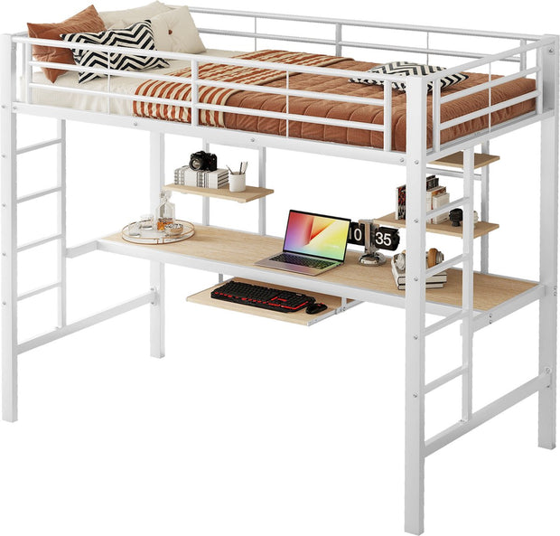 Kinderbed - Zonder matras - Zonder stoel - Metalen Bedframe met Bureau en Twee Boekenplanken - Geschikt voor Kinderen - Tieners en Volwassenen - 90x200 cm - Zwart