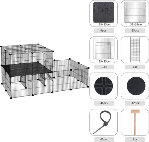 Huisdierkooi - Huisdierhok - Verstelbaar en Opvouwbaar - 2 Verdiepingen - Zwart - 140x70x70cm - Konijn - Hond - Kennel