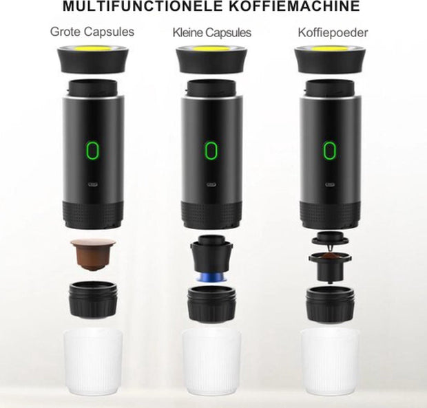 Draagbare elektrische espressomachine - 3 in 1 - Reis koffiezetapparaat - Auto koffiezetapparaat - Capsules en gemalen koffie - 80ml - Zwart