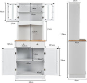 Keukenkast hoog, 170 cm buffetkast hout, hoge kast met 2 laden & verstelbare planken & glazen deuren & draadgat, keukenbuffet vrijstaand, buffet voor keuken eetkamer, wit