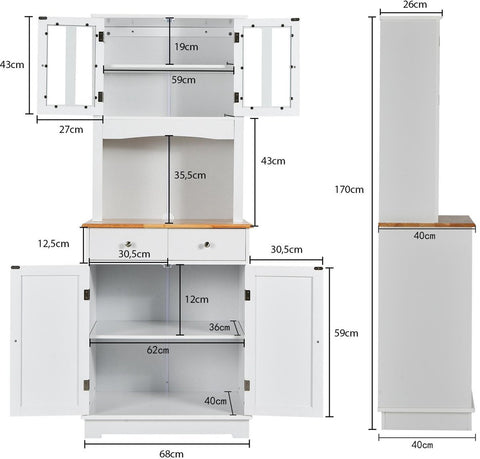 Keukenkast hoog, 170 cm buffetkast hout, hoge kast met 2 laden & verstelbare planken & glazen deuren & draadgat, keukenbuffet vrijstaand, buffet voor keuken eetkamer, wit