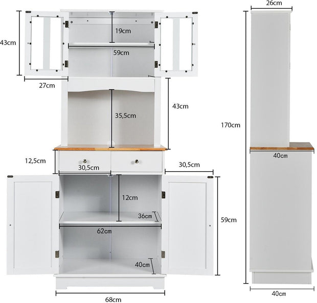 Keukenkast hoog, 170 cm buffetkast hout, hoge kast met 2 laden & verstelbare planken & glazen deuren & draadgat, keukenbuffet vrijstaand, buffet voor keuken eetkamer, wit