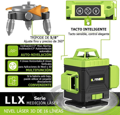 Laserlijn - Kruislijnlaser - 16 Lijnen - 4D - 2x Accu - Afstandsmeter - Groen - Met Accessoires - Met Statief - 360° - 635Nm