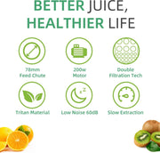 Slowjuicer - Sapcentrifuge voor Fruit en Groente - 500 ml - 200W - Koude Pers Juicer - Zwart