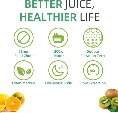 Slowjuicer - Sapcentrifuge voor Fruit en Groente - 500 ml - 200W - Koude Pers Juicer - Zwart