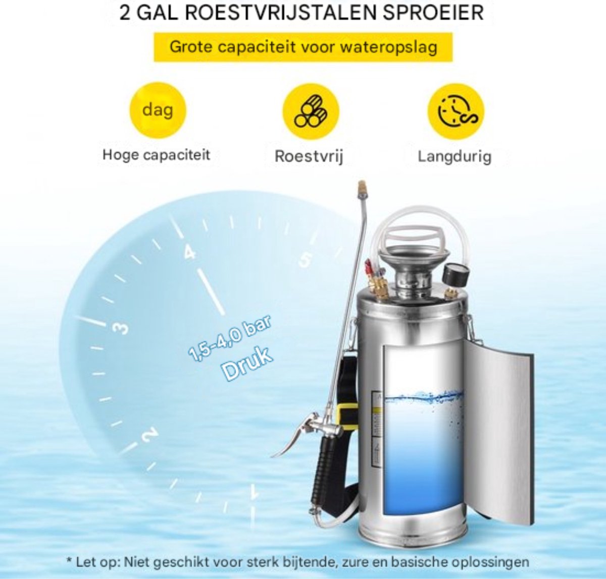 Ontkruidsproeier - Rugspuit - Ergonomisch - variabele Spray - RVS sproeier - Handpompsproeier - met drukmeter en veiligheidsventiel - Verstelbare sproeier voor tuinieren en ontsmetting - 8L - Zilver