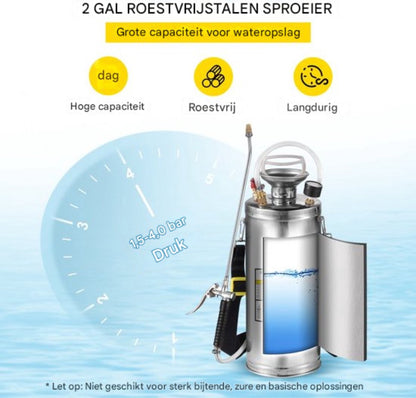Ontkruidsproeier - Rugspuit - Ergonomisch - variabele Spray - RVS sproeier - Handpompsproeier - met drukmeter en veiligheidsventiel - Verstelbare sproeier voor tuinieren en ontsmetting - 8L - Zilver