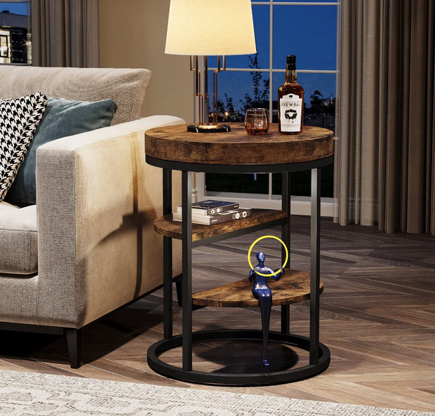 Eindtafel - Sidetable - Koffietafel - Rond - Industrieel - Hout en metaal - Bruin/Zwart - 50cm