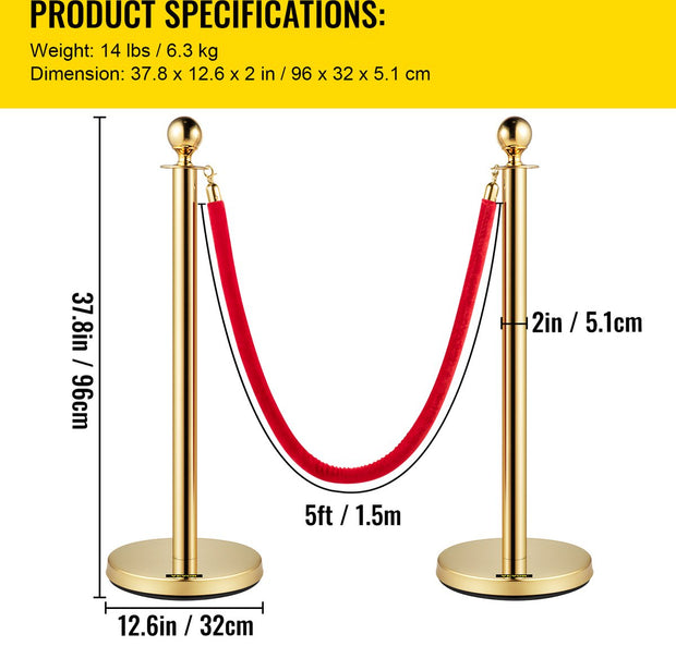 Afzetpaaltjes Crowd Control Stanchion Barrières - 1,5 m - Afzetpalen Voor Menigtecontrole - RVS Bolders - Goud Staanders - Fluwelen Touwen - 4 Stuks - Rood