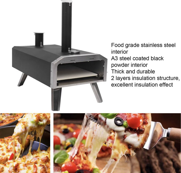 Pizzaoven - Hout gestookte oven - Buiten - Buitenkeuken - Buitenoven - Hout gestookt - RVS - Zwart - 12" pizza's