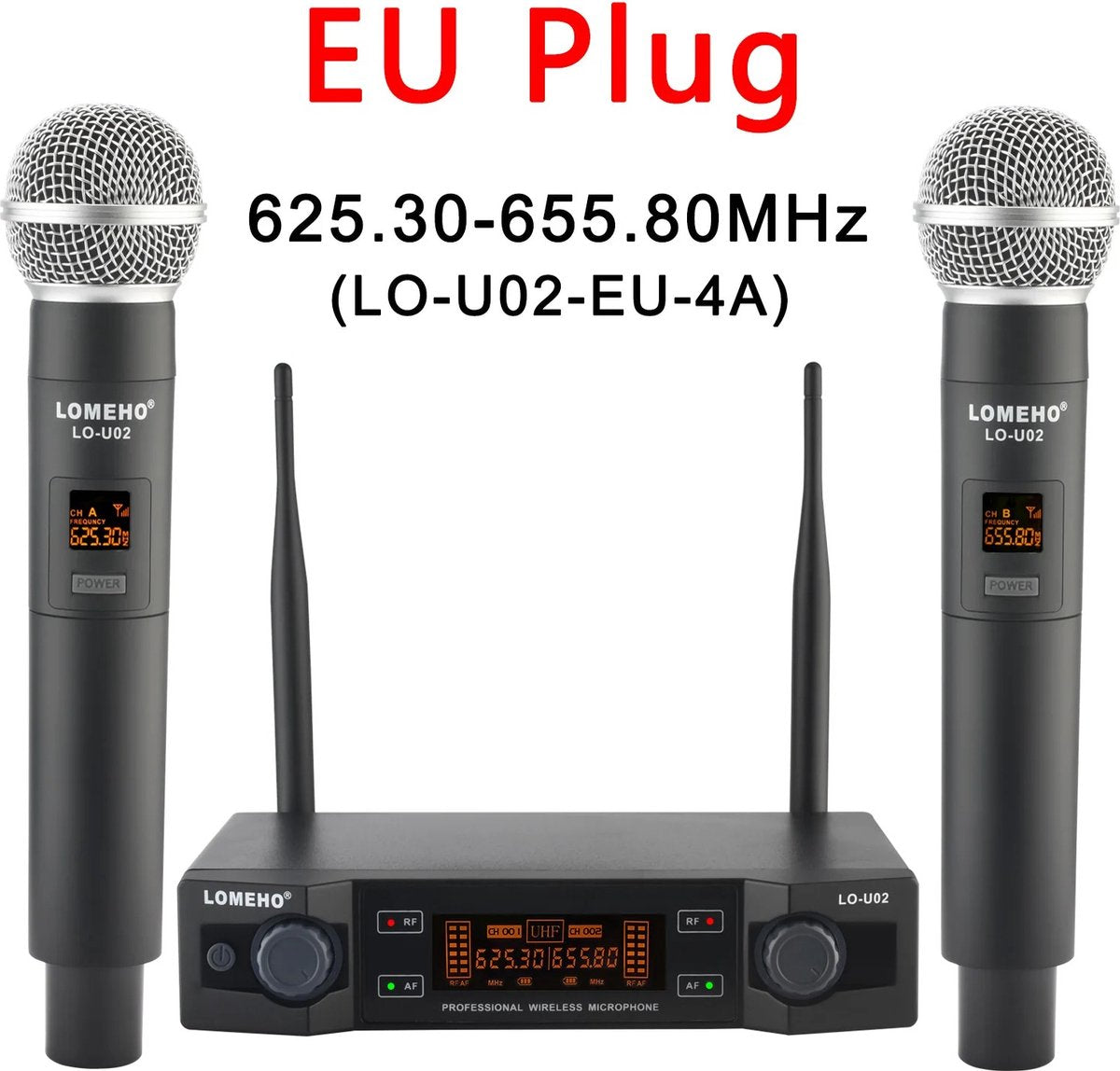 Microphone set of 2 - Karaoke - Children - Adults - Adjustable Frequency - 625.00-655.00MHz - Up to about 30m - Power adapter - Receiver - Receiver - Antennas - Black - LCD screen