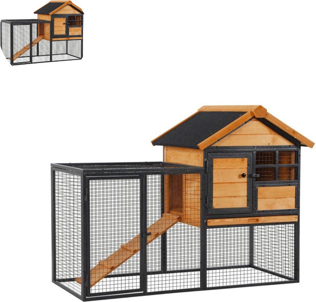 Konijnenhok voor buiten - Weerbestendig - Met ren - Kooi - Groot konijnen hok - Zwart
