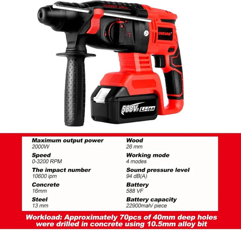 Boorhamer - Rood - Met Accu - Met Koffer - SloopHamer - Sloop - Jack Hamer - Drilboor - Zware Beton Breker - Krachtige - Elektrische Breekhamer - Boorhamer - Professionele