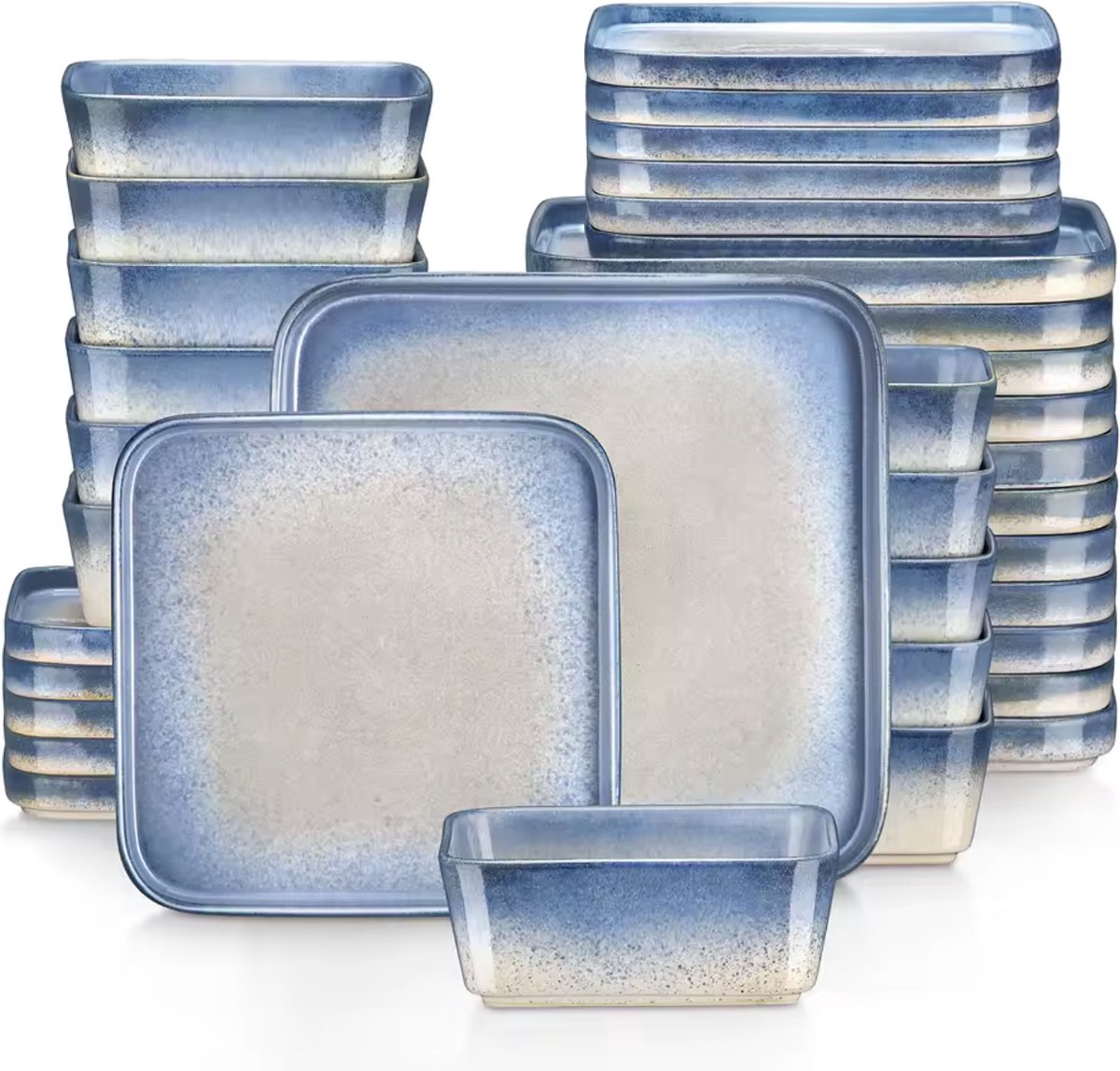 Serviesset wit/blauw - Keramisch - Vierkant - Nevel - 12 borden groot - 12 borden klein - 12 kom - 36 delig - Wit - Blauw