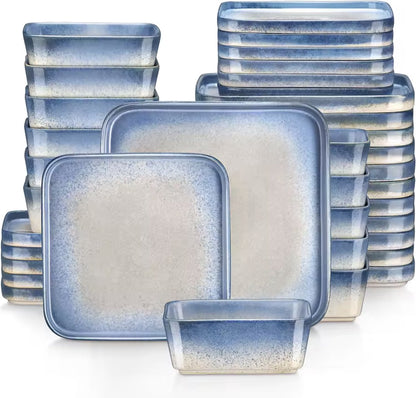 Serviesset wit/blauw - Keramisch - Vierkant - Nevel - 12 borden groot - 12 borden klein - 12 kom - 36 delig - Wit - Blauw