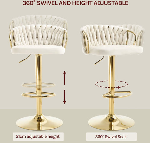 Luxe barkruk - Fluweel Barkruk - Set van 2 - Gevlochten - Hoogte verstelbaar - 360 graden draaibaar - Velvet - Gouden poot - Grijs