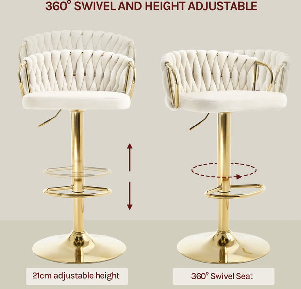 Luxe barkruk - Fluweel Barkruk - Set van 2 - Gevlochten - Hoogte verstelbaar - 360 graden draaibaar - Velvet - Gouden poot - Grijs