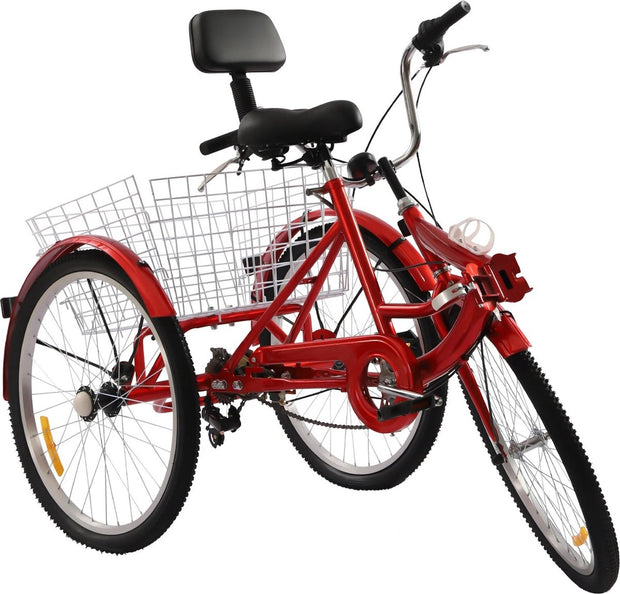 Driewieler - Geschikt voor Volwassenen - Inclusief Fietsmand- 24 Inch - 7 Versnellingen - Opvouwbaar - Met LED Verlichting - Rood