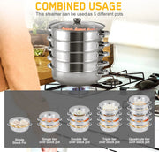 Professionele Stoompan - 5 lagen - Stoomkoker - Ø30cm - Topkwaliteit - RVS - Glazen deksel - Inductie Gas Elektrisch