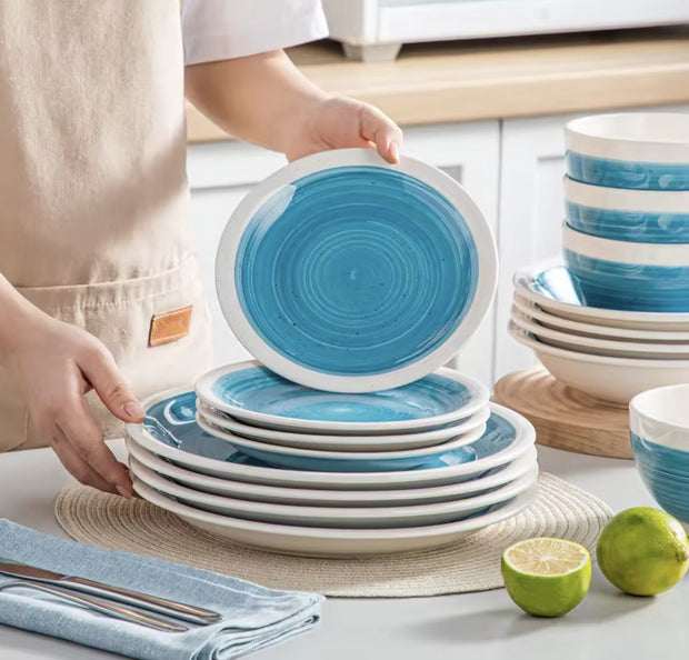 Dinnerware set Blue/White - Ceramic - 8 large plates - 8 small plates - 8 deep plates - 8 bowls - 32 pieces - Blue - White