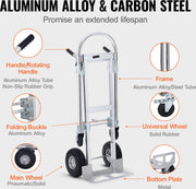 Steekwagen - Opvouwbaar - 2-in-1 - Corrosiebestendig en Roestbestendig - 360° - 318/454 kg - Remwielen Staan - voor Laad- en Transporttaken Binnen en Buiten - Zilver