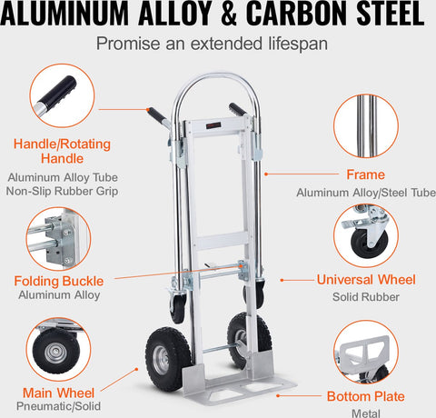 Steekwagen - Opvouwbaar - 2-in-1 - Corrosiebestendig en Roestbestendig - 360° - 318/454 kg - Remwielen Staan - voor Laad- en Transporttaken Binnen en Buiten - Zilver